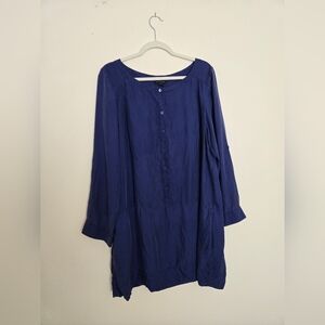 Eileen Fisher Midnight Blue Silk Drop Waist Long Sleeve Dress w/ Pockets | L